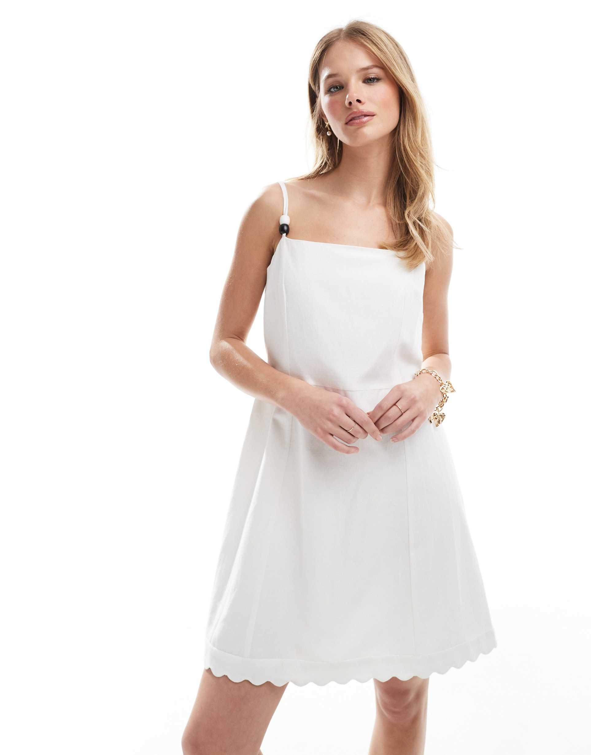 french connection linen mini dress with scalloped hem in white