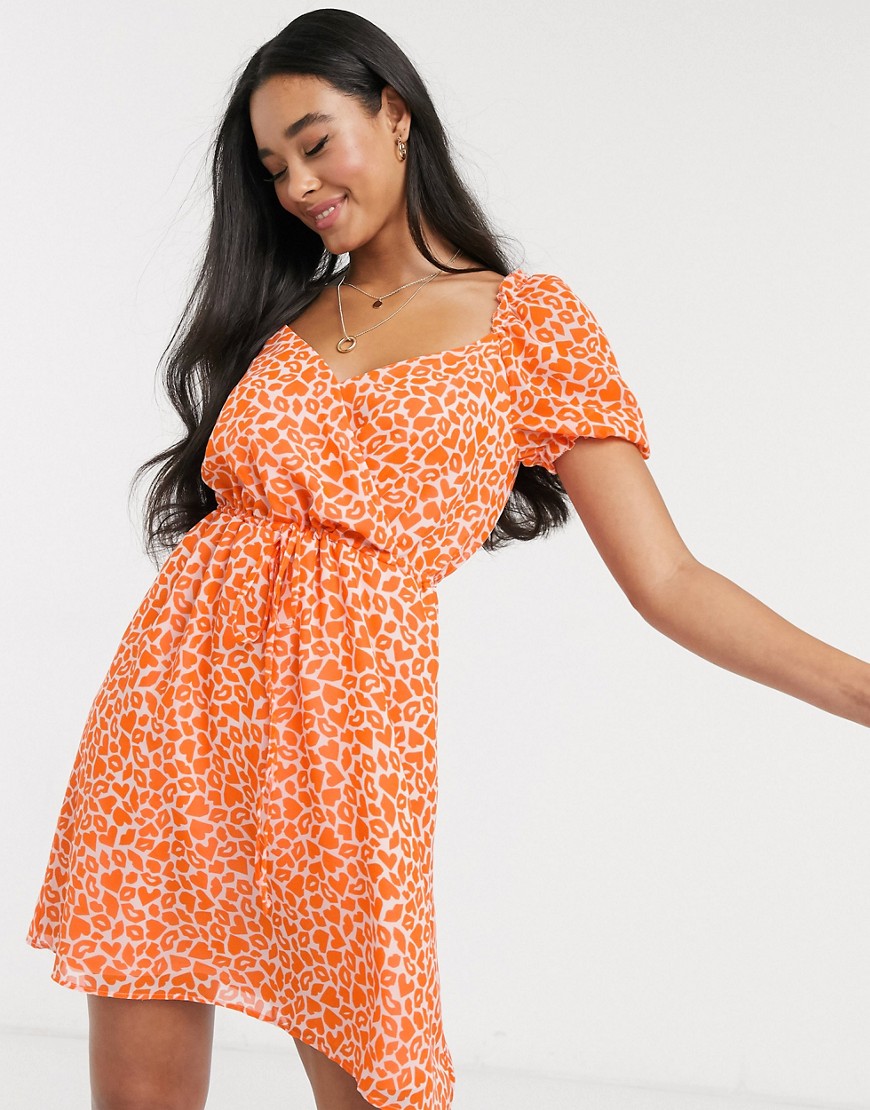 Product photo of French connection lips and heart print mini dress in neon orange