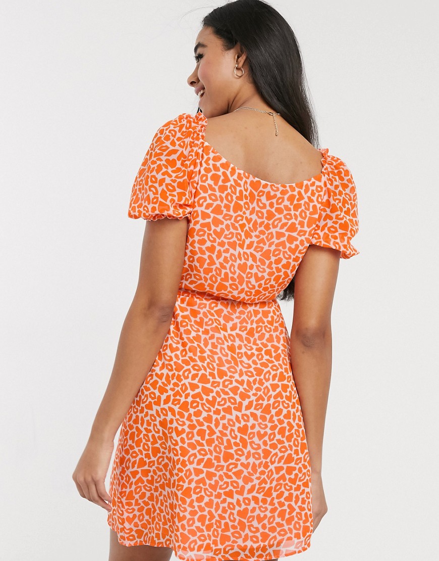 Alternative product photo of French connection lips and heart print mini dress in neon orange