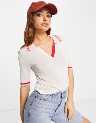 French Connection Livia knit polo top in white