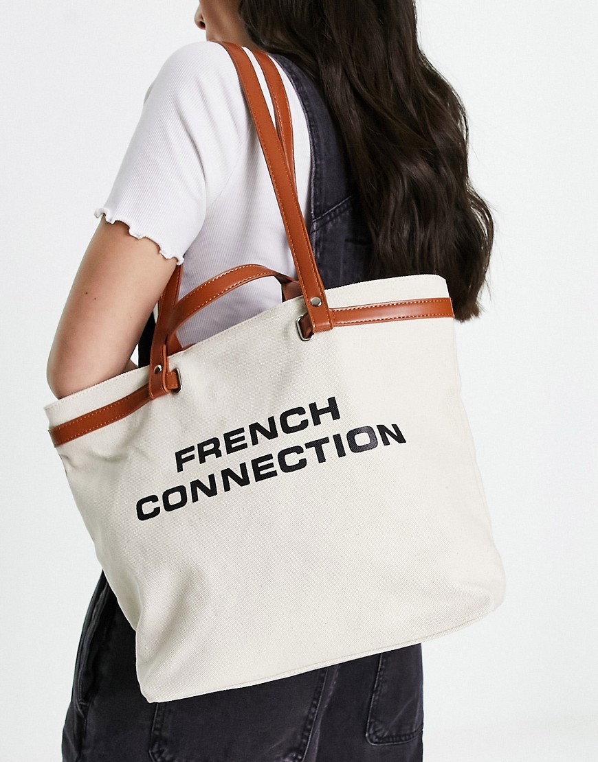 French Connection Logo Beach Bag In Natural-neutral