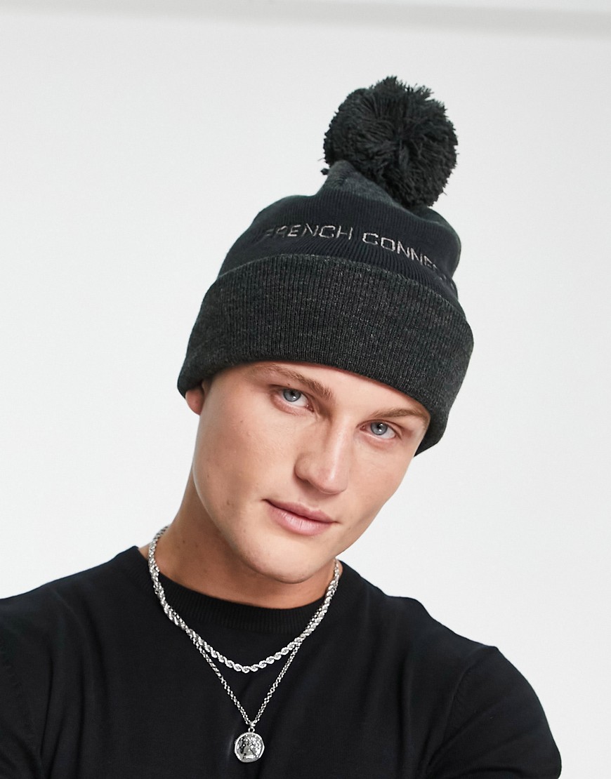 French Connection Logo Bobble Beanie In Gray