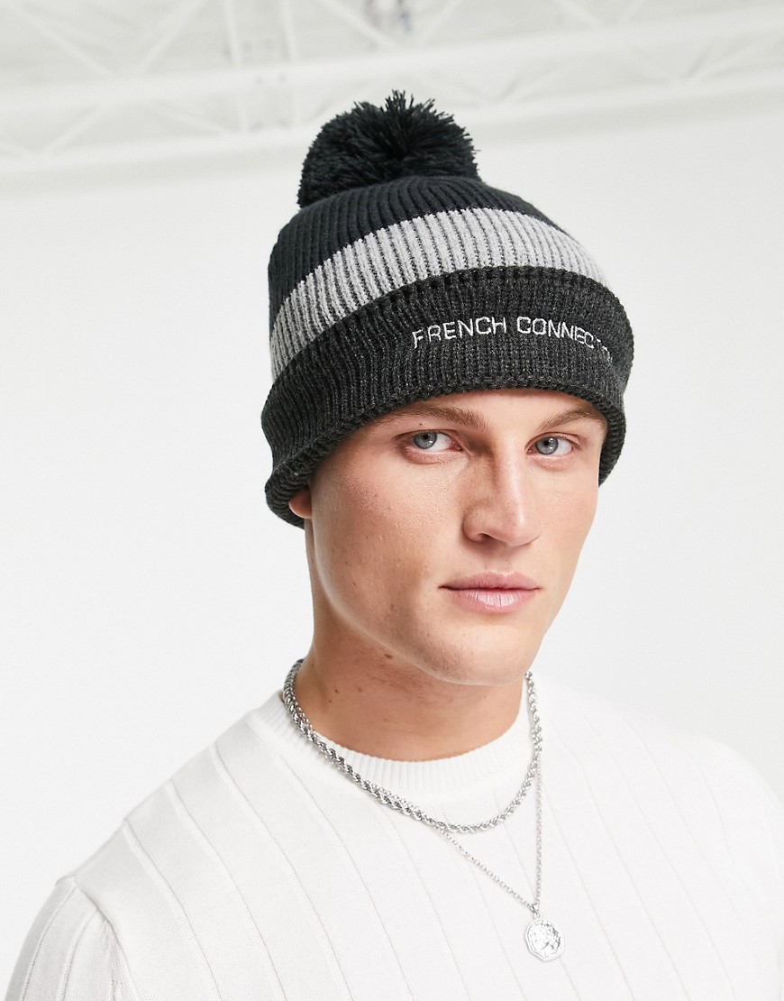 FRENCH CONNECTION LOGO BOBBLE BEANIE IN GRAY-NAVY