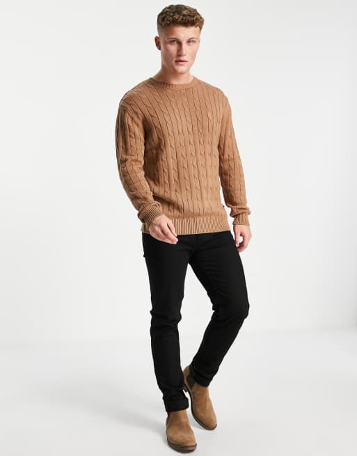 French Connection logo cable knit jumper in camel, 4 of 4