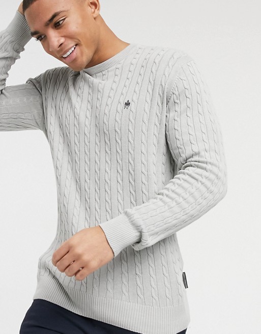 French Connection logo cable knit jumper in grey marl