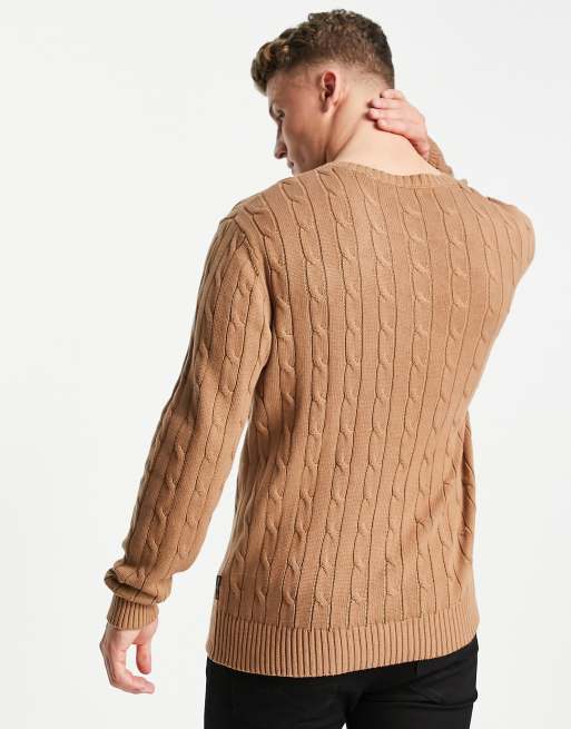 French Connection logo cable knit sweater in camel, 3 of 4