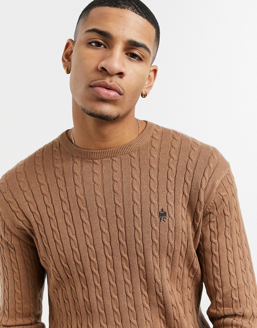 French Connection Logo Cable Knit Sweater In Camel-brown
