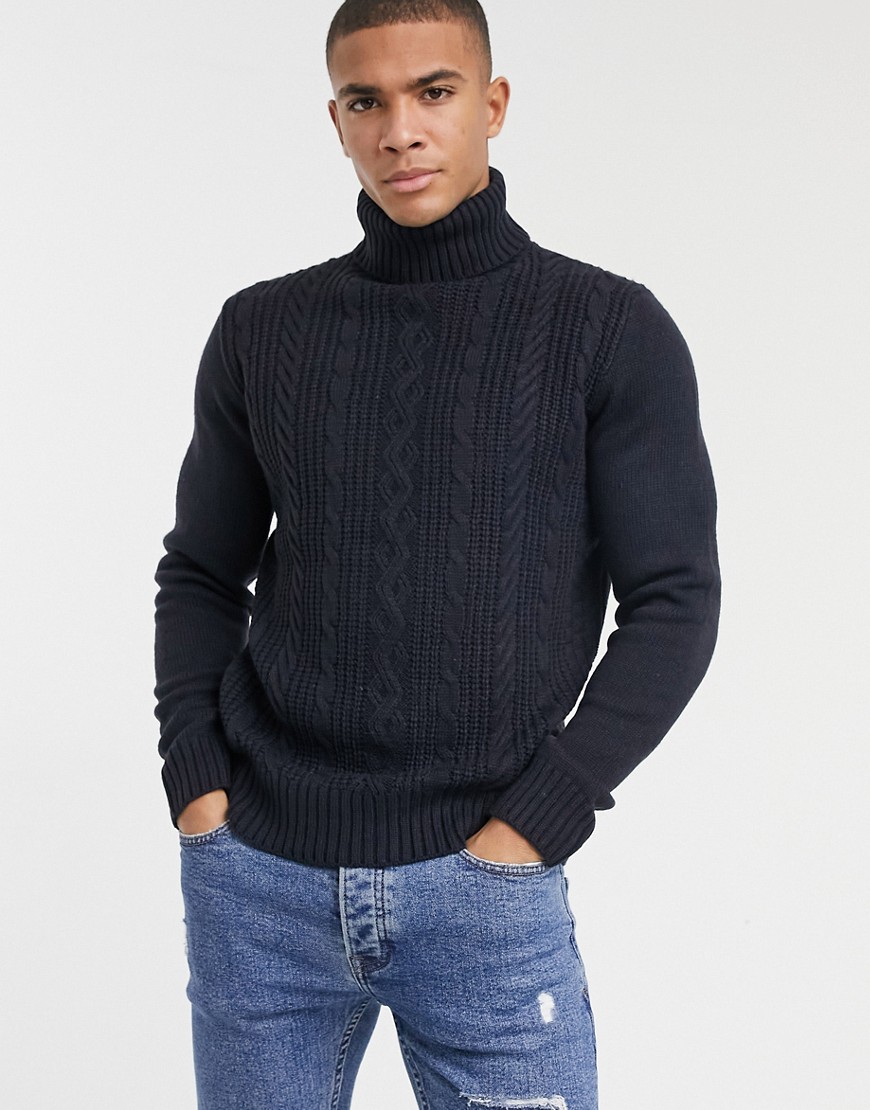 French Connection Logo Cable Wool Blend Knit Turtle Neck Sweater In Navy