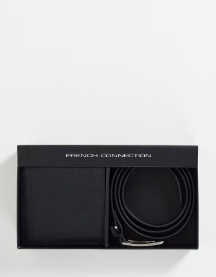 French Connection Logo Wallet And Leather Belt Gift Set In Black