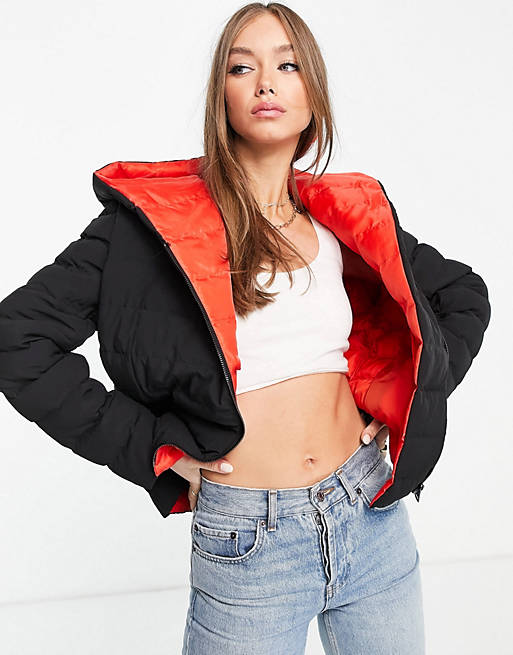 French Connection Lola padded jacket with red hood in black
