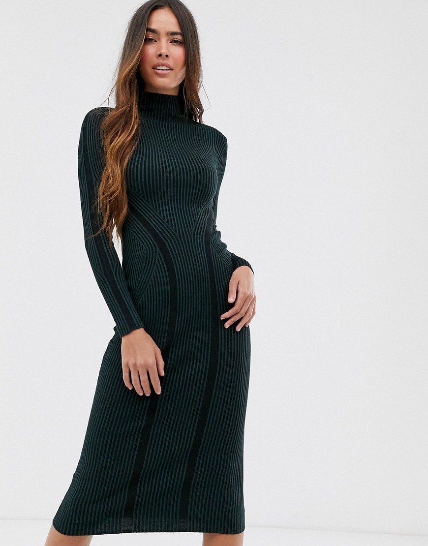 French Connection long collumn knited bodycon midi dress-Green