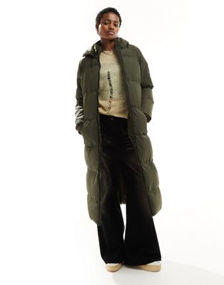 French Connection Long Length Hooded Padded Jacket In Khaki-green