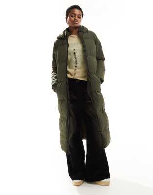 long length hooded padded jacket in khaki-Green