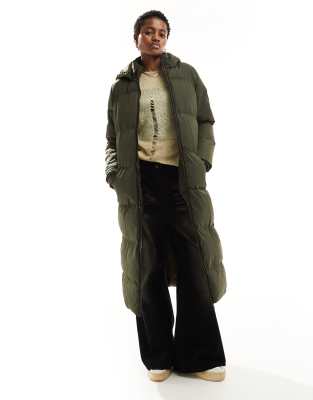 French Connection Long Length Hooded Padded Jacket In Khaki-green