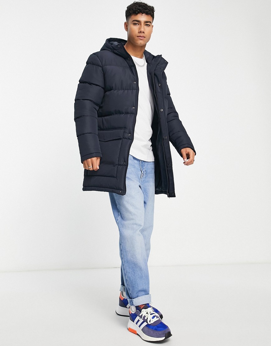 French Connection Long Line Puffer In Dark Navy-black