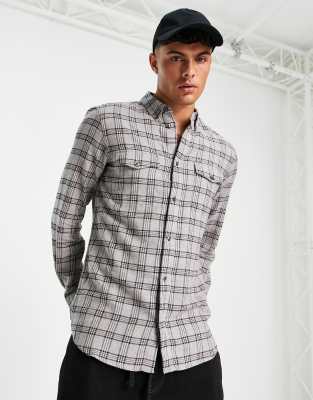 French Connection Long Sleeve 2 Pocket Check Flannel Shirt In Light Gray