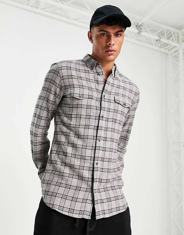 French Connection - long sleeve 2 pocket check flannel shirt in light grey