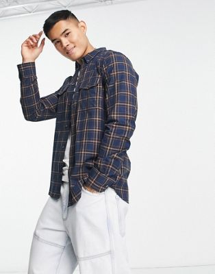French Connection long sleeve 2 pocket check flannel shirt in navy - ASOS Price Checker