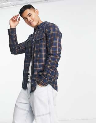 French Connection Long Sleeve 2 Pocket Check Flannel Shirt In Navy