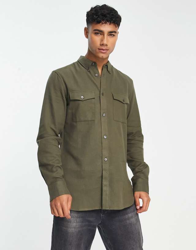 French Connection - long sleeve 2 pocket flannel shirt in khaki