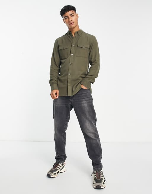 French Connection long sleeve 2 pocket flannel shirt in khaki | ASOS