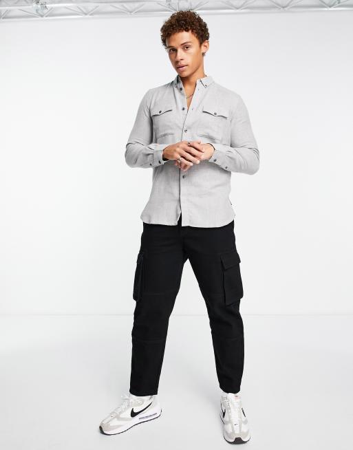 French Connection long sleeve 2 pocket flannel shirt in light grey | ASOS