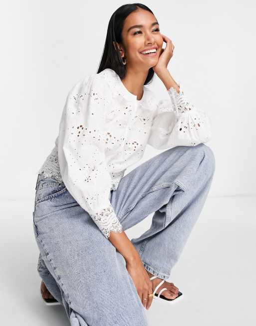 French Connection long sleeve blouse in delicate broderie