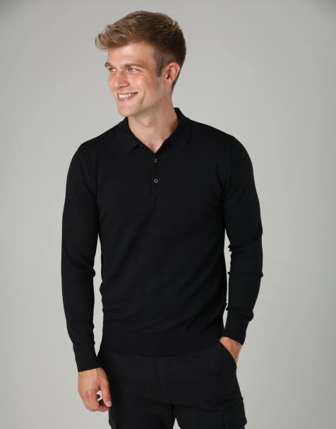 French Connection Long sleeve button polo top in black