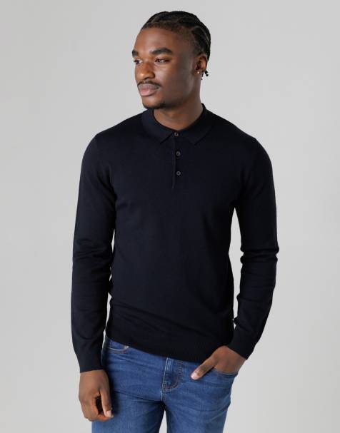 French Connection Long sleeve button polo top in navy