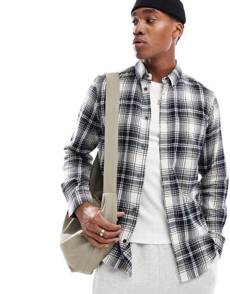 French Connection long sleeve check flannel shirt in ecru and navy - view 1