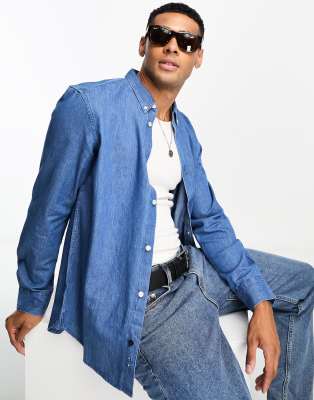 French Connection Long Sleeve Denim Shirt In Mid Blue