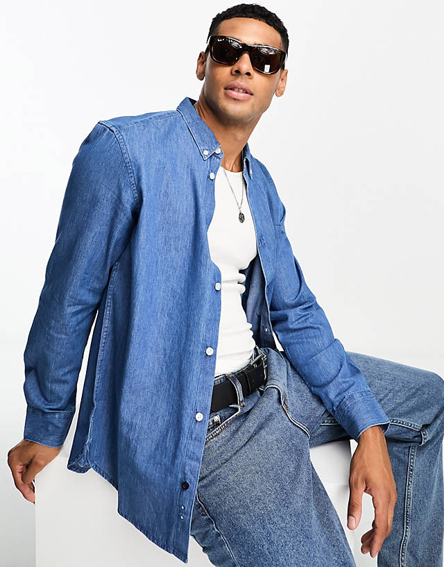 French Connection - long sleeve denim shirt in mid blue