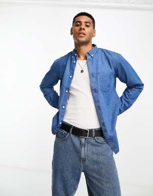 French Connection long sleeve denim shirt in mid blue | ASOS