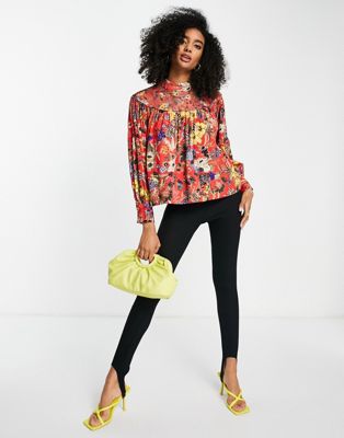 French Connection long sleeve floral smock blouse in red