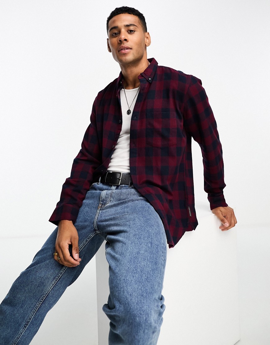 French Connection long sleeve gingham check flannel shirt in burgundy-Red