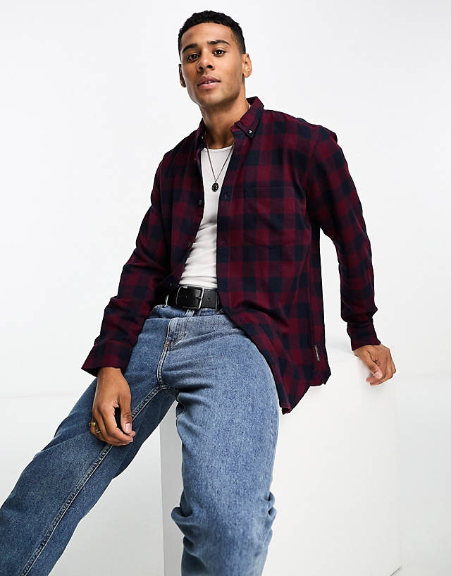 French Connection - long sleeve gingham check flannel shirt in burgundy