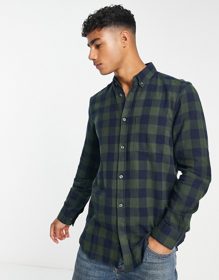 French Connection Long Sleeve Gingham Check Flannel Shirt In Dark Green