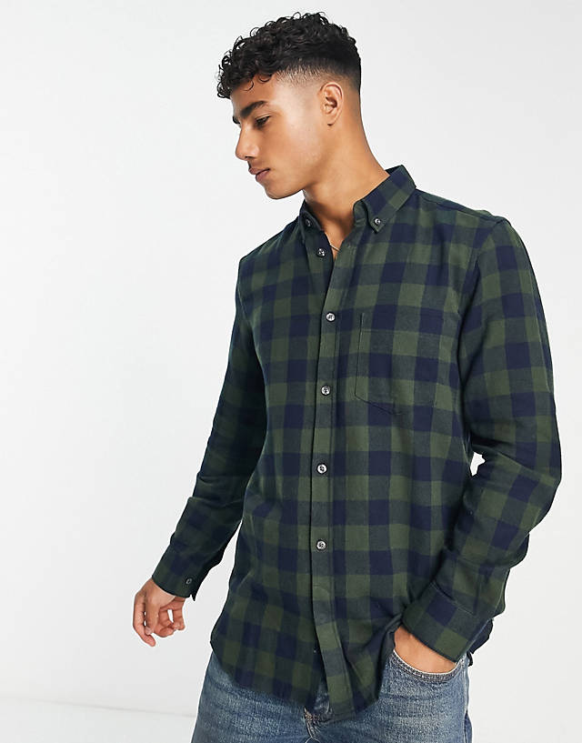 French Connection - long sleeve gingham check flannel shirt in dark green