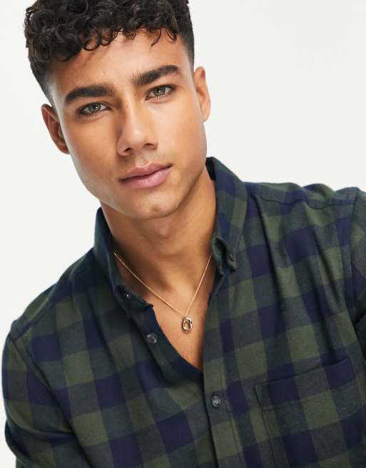 French Connection long sleeve gingham check flannel shirt in dark green |  ASOS