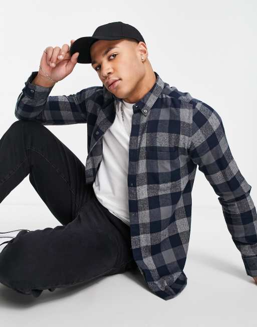 French Connection long sleeve gingham check flannel shirt in navy, 3 of 4