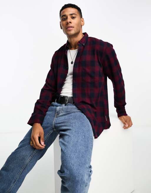 French Connection long sleeve gingham plaid flannel shirt in burgundy