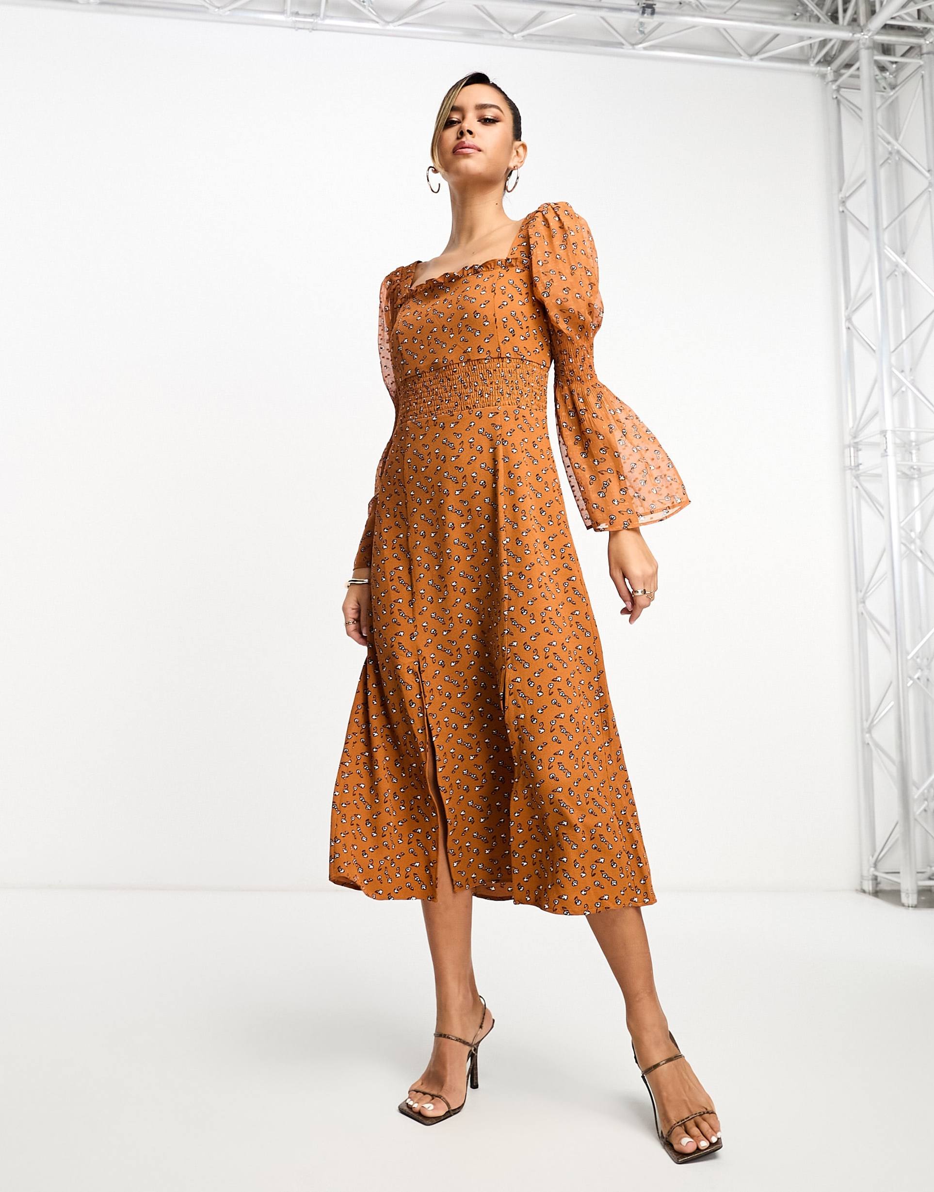 french connection long sleeve maxi dress in brown floral