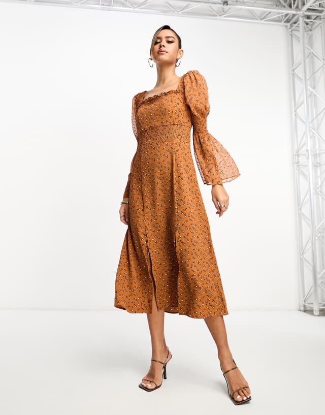 French Connection long sleeve maxi dress in brown floral