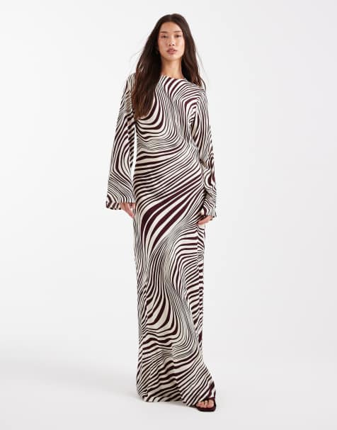 French Connection long sleeve maxi dress with fluted sleeves in burgundy swirl