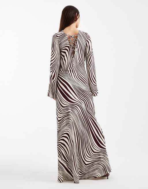 French Connection long sleeve maxi dress with fluted sleeves in burgundy swirl, 2 of 4