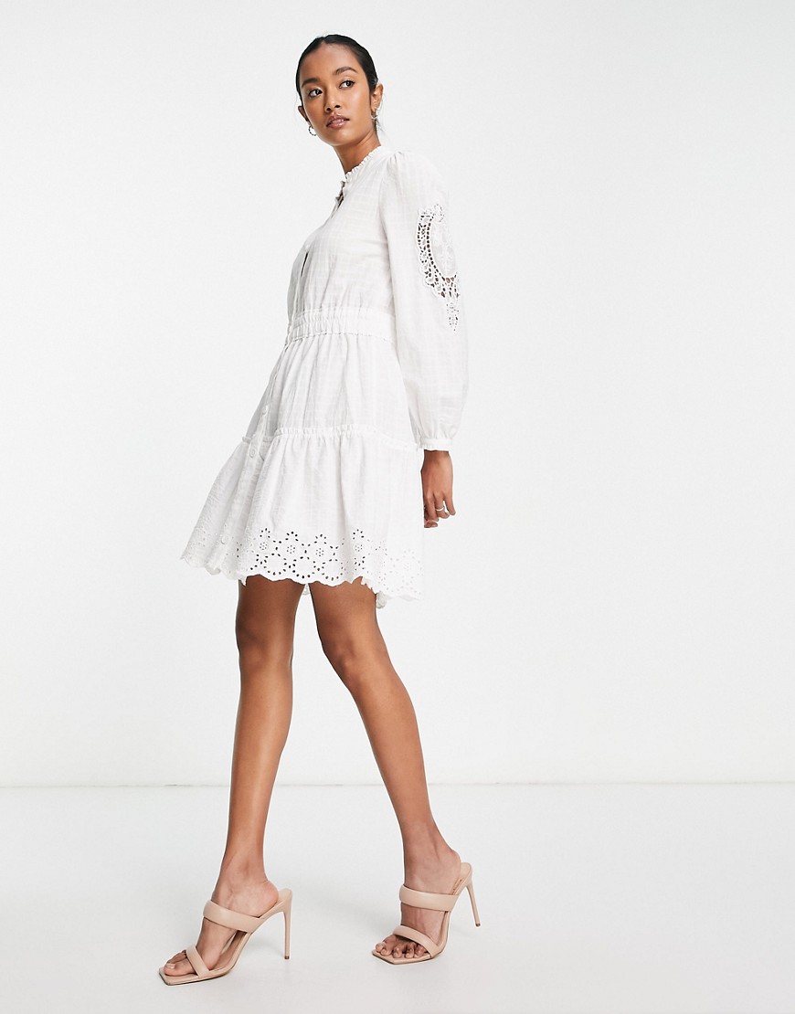 French Connection long sleeve mini dress in white broderie