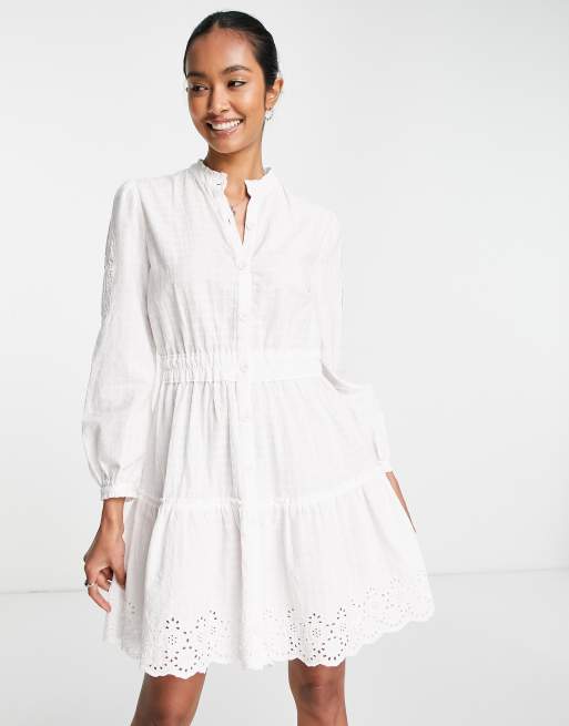 French Connection long sleeve mini dress in white broderie ASOS