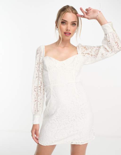 White lace long 2025 sleeve mini dress