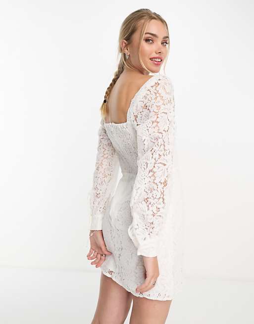 white long sleeve lace dress short Sheer Backless Embellished Wedding Imported. Athena Long Sleeve Lace Mini