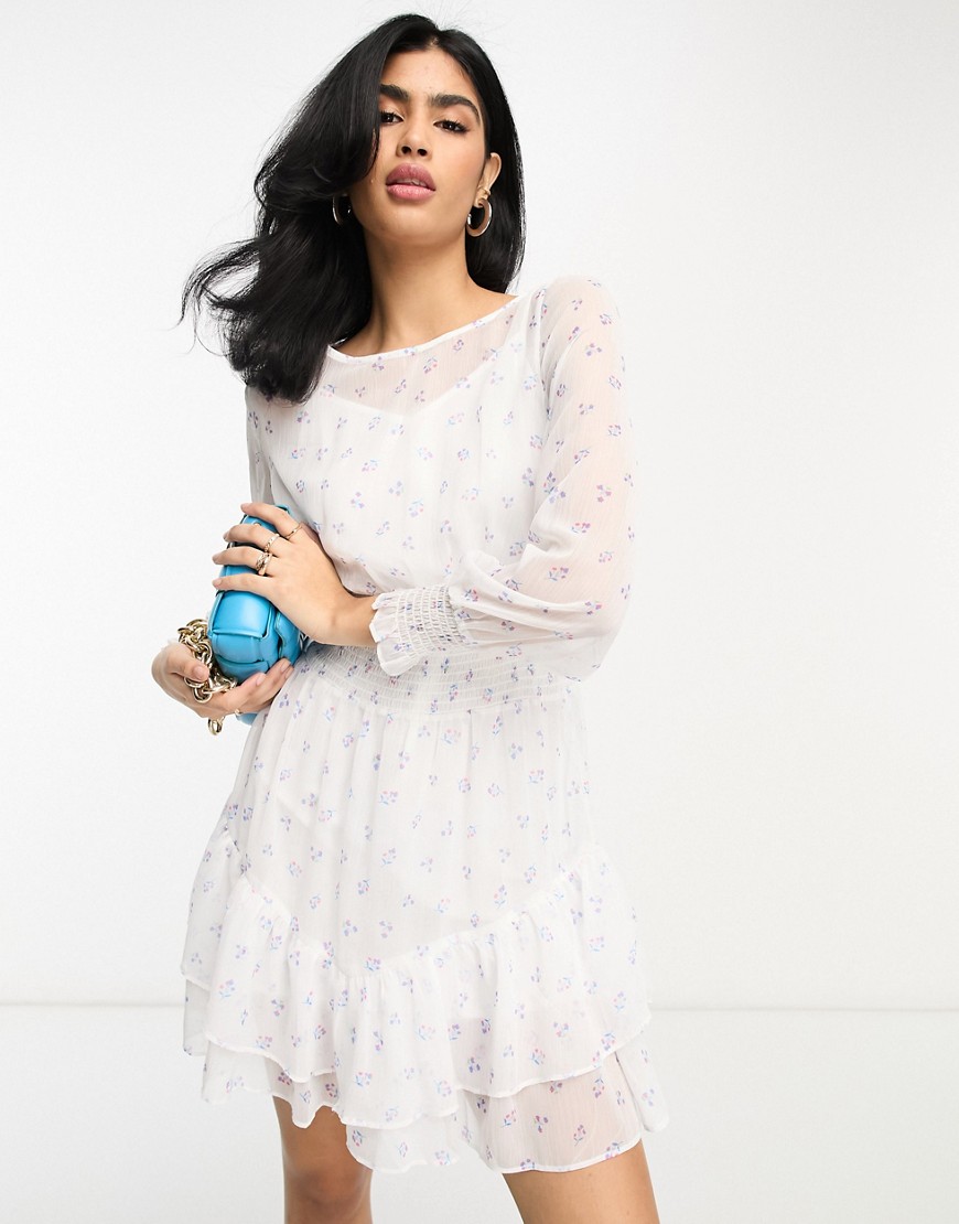 French Connection Long Sleeve Mini Mesh Dress In White Floral